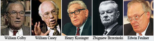  Some known US hierarchy participants. Colby was Opus Dei; Casey and Feulner Knights of Malta. Brzezinski worked closely with the Knights in Americares, and like Kissinger, is close to the Rockefeller interests