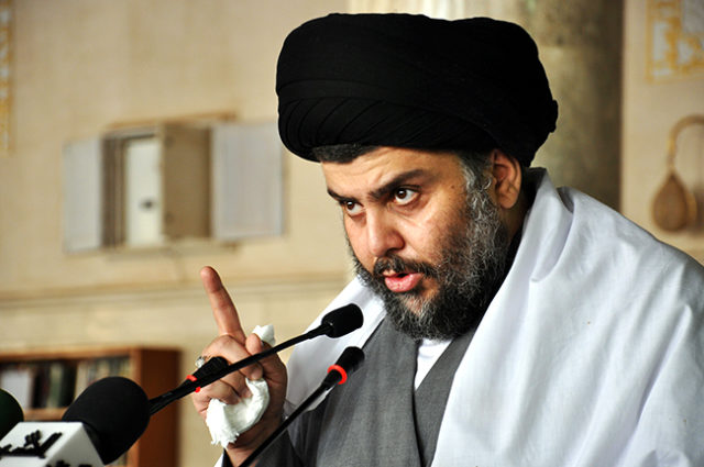 Radical Shiite cleric Muqtada al-Sadr speaks at Friday prayers in Kufa, 160 kilometers (100 miles) south of Baghdad, Iraq, Friday, May 13, 2011. (AP Photo/Alaa al-Marjani)