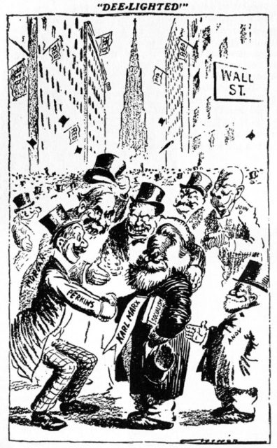 the cartoon “..portrays Karl Marx with a book entitled Socialism under his arm, standing amid a cheering crowd on Wall Street. Gathered around and greeting him with enthusiastic handshakes are characters in silk hats identified as John D. Rockefeller, J.P. Morgan, John D. Ryan of National City Bank, Morgan partner George W. Perkins and Teddy Roosevelt, leader of the Progressive Party.