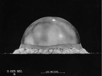 The Trinity atomic blast took place in the Alamogordo Desert of New Mexico. Berlyn Brixner was the official photographer for the event. This is one of his images of the world's first atomic explosion.