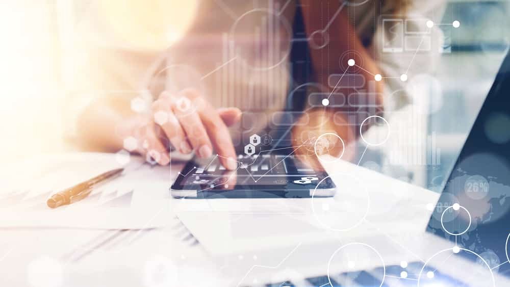 Global Strategy Virtual Icon Innovation Graph Interfaces.Business Woman Analyze Meeting Report Process.Marketing Team Discussion Corporate Work Concept Office.Startup Idea Touching Screen.Closeup.